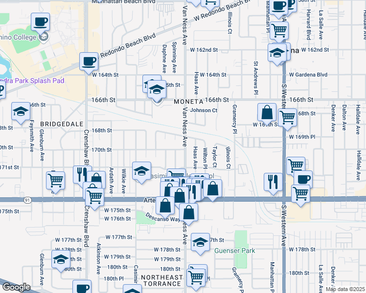 map of restaurants, bars, coffee shops, grocery stores, and more near 17014 Spinning Avenue in Torrance