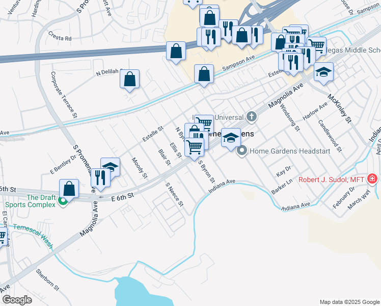 map of restaurants, bars, coffee shops, grocery stores, and more near 13653 Magnolia Avenue in Corona