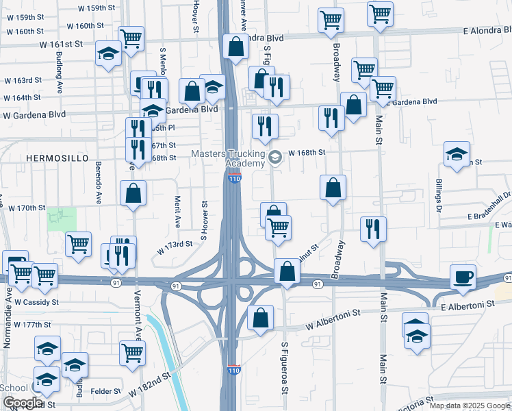 map of restaurants, bars, coffee shops, grocery stores, and more near 17021 South Figueroa Street in Gardena