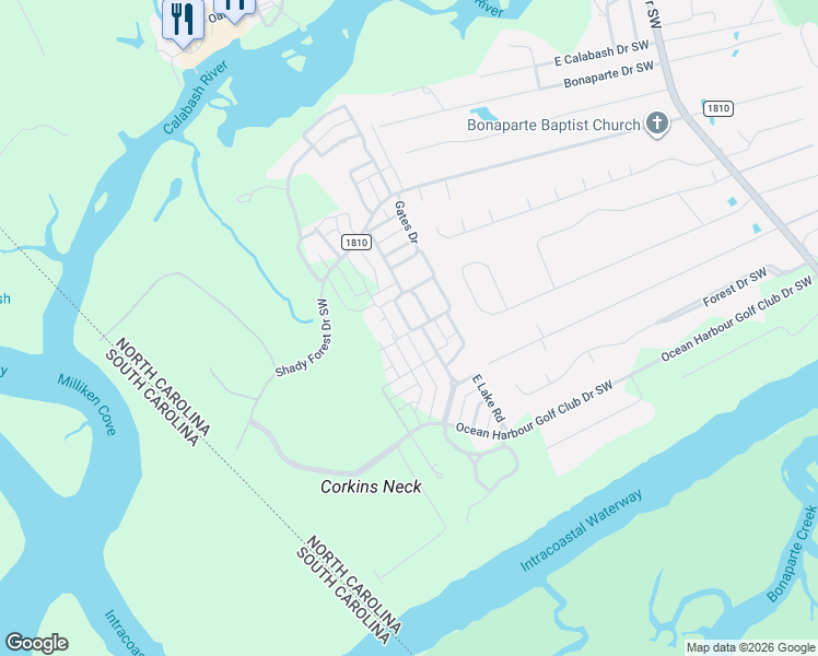 map of restaurants, bars, coffee shops, grocery stores, and more near Village Square South Southwest in Calabash