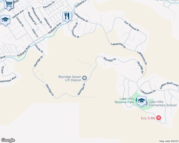 map of restaurants, bars, coffee shops, grocery stores, and more near 16696 South Peak Court in Riverside