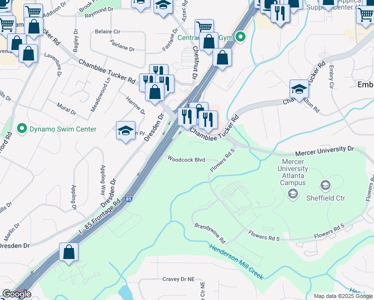 map of restaurants, bars, coffee shops, grocery stores, and more near 2872 Woodcock Boulevard in Atlanta