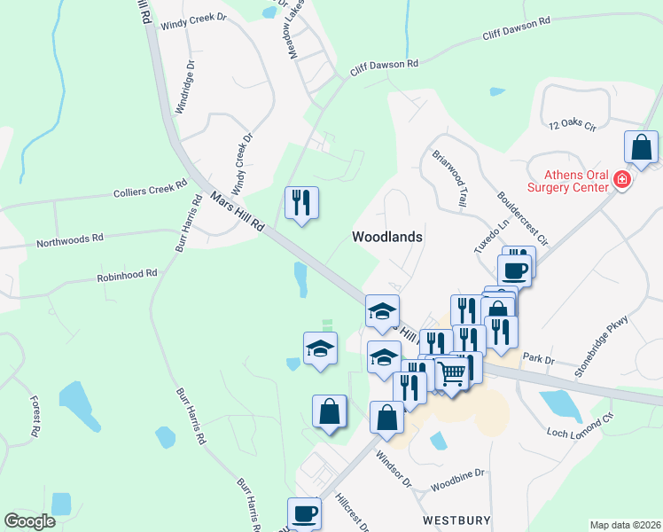 map of restaurants, bars, coffee shops, grocery stores, and more near 1190 Mars Hill Road in Watkinsville