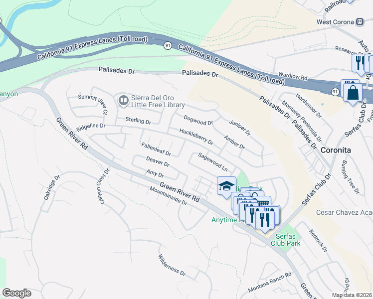 map of restaurants, bars, coffee shops, grocery stores, and more near 1043 Smoketree Drive in Corona