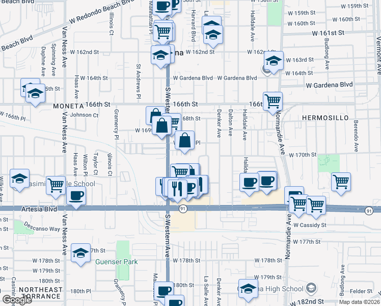 map of restaurants, bars, coffee shops, grocery stores, and more near 320 Bridgewater Way in Gardena