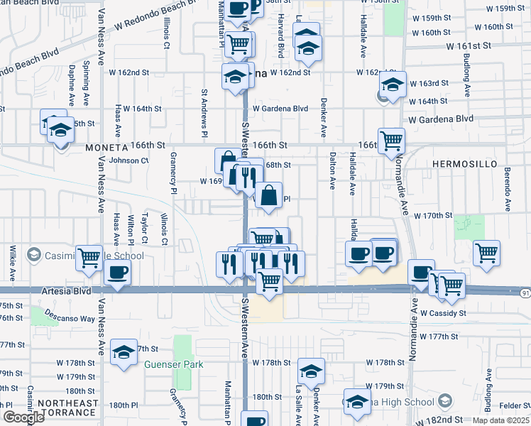 map of restaurants, bars, coffee shops, grocery stores, and more near in Gardena