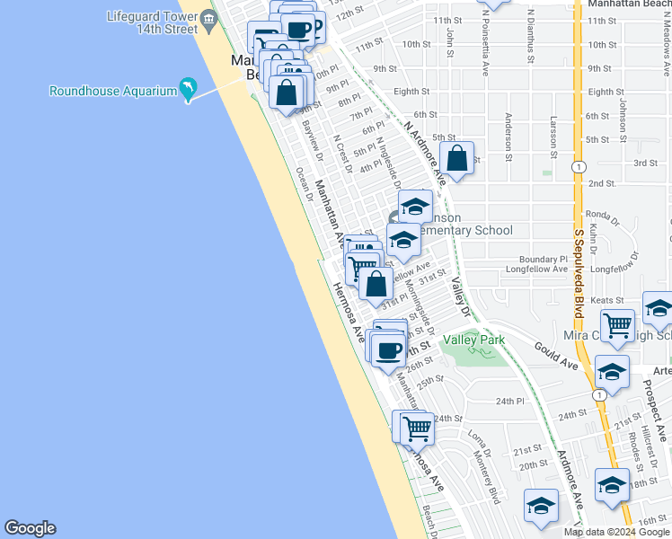 map of restaurants, bars, coffee shops, grocery stores, and more near 3410 Hermosa Avenue in Hermosa Beach