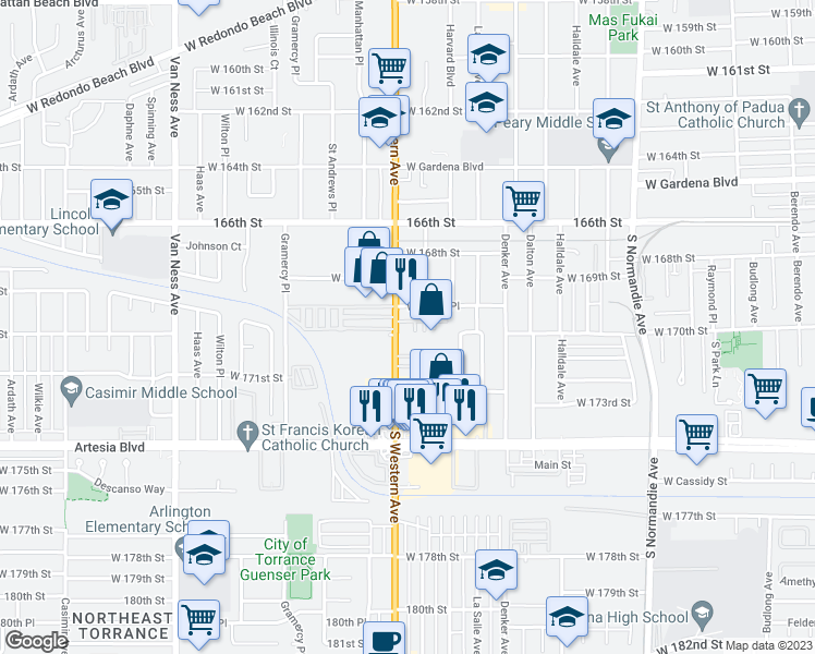 map of restaurants, bars, coffee shops, grocery stores, and more near 314 Bridgewater Way in Gardena
