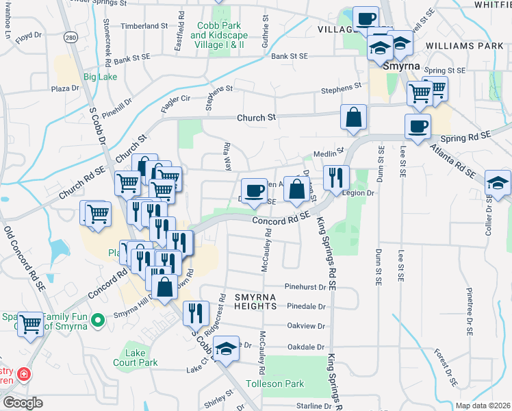 map of restaurants, bars, coffee shops, grocery stores, and more near 1036 Dell Avenue Southeast in Smyrna