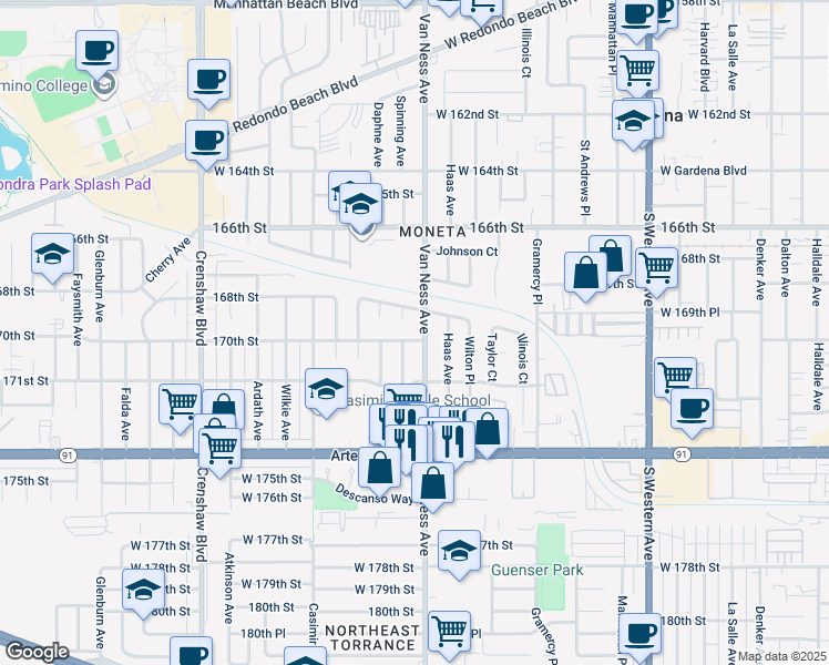 map of restaurants, bars, coffee shops, grocery stores, and more near 2205 170th Street in Torrance