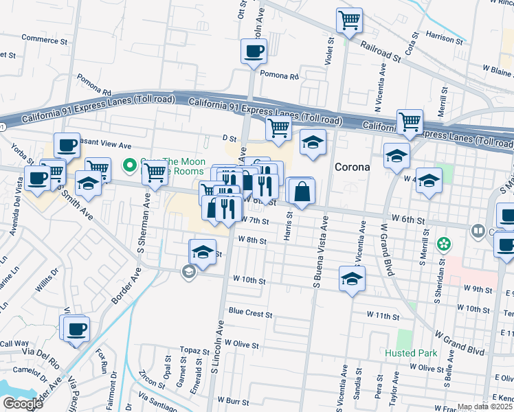 map of restaurants, bars, coffee shops, grocery stores, and more near 1045 West 7th Street in Corona