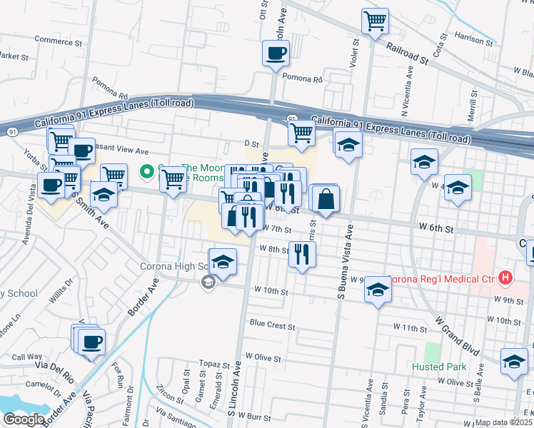 map of restaurants, bars, coffee shops, grocery stores, and more near 1066 West 6th Street in Corona