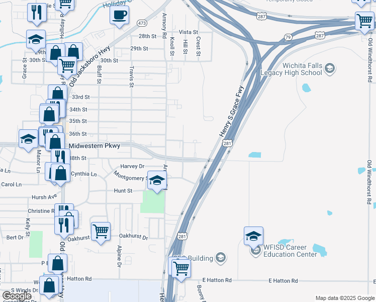 map of restaurants, bars, coffee shops, grocery stores, and more near 918 Midwestern Parkway in Wichita Falls
