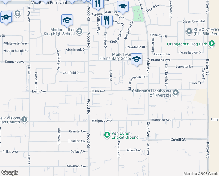 map of restaurants, bars, coffee shops, grocery stores, and more near 16725 Dant Street in Riverside