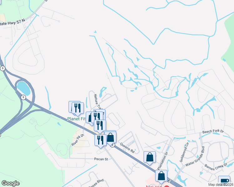 map of restaurants, bars, coffee shops, grocery stores, and more near 422 Nature Trail in Little River