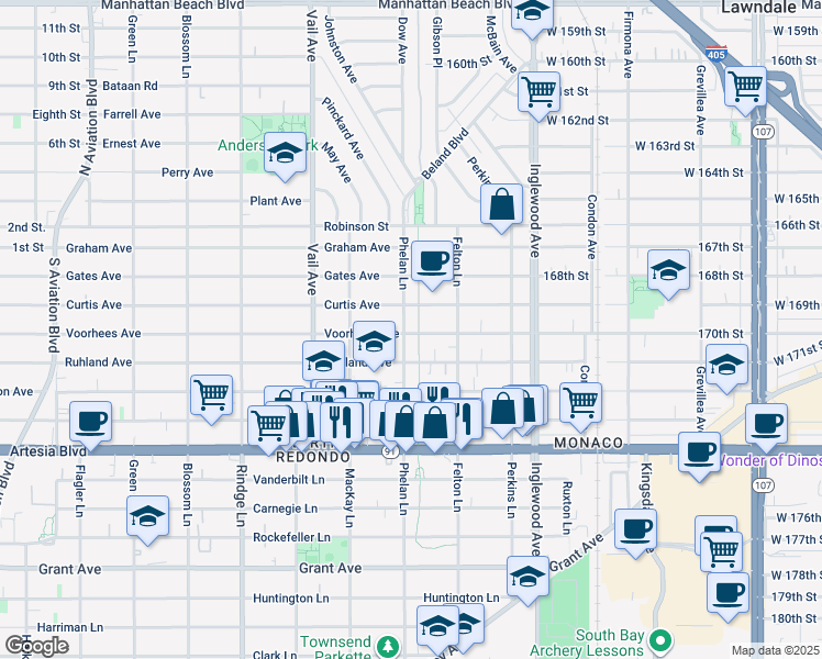 map of restaurants, bars, coffee shops, grocery stores, and more near 2503 Voorhees Avenue in Redondo Beach