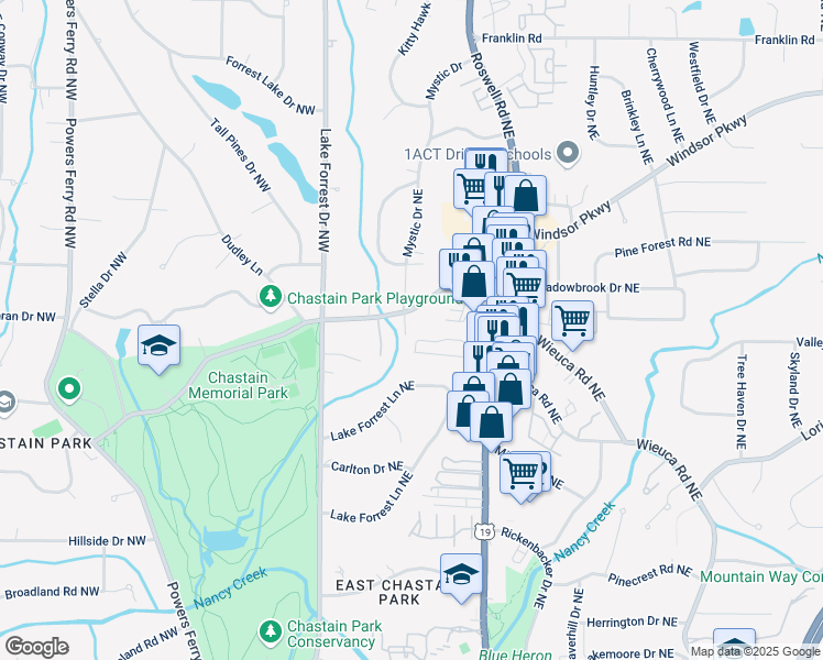 map of restaurants, bars, coffee shops, grocery stores, and more near 90 West Wieuca Road Northeast in Atlanta