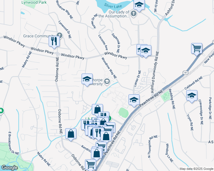 map of restaurants, bars, coffee shops, grocery stores, and more near 4484 Peachtree Road Northeast in Brookhaven