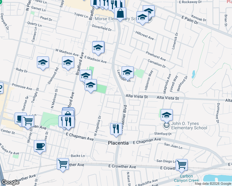 map of restaurants, bars, coffee shops, grocery stores, and more near 406 Eve Circle in Placentia