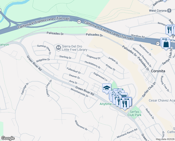 map of restaurants, bars, coffee shops, grocery stores, and more near 1043 Smoketree Drive in Corona