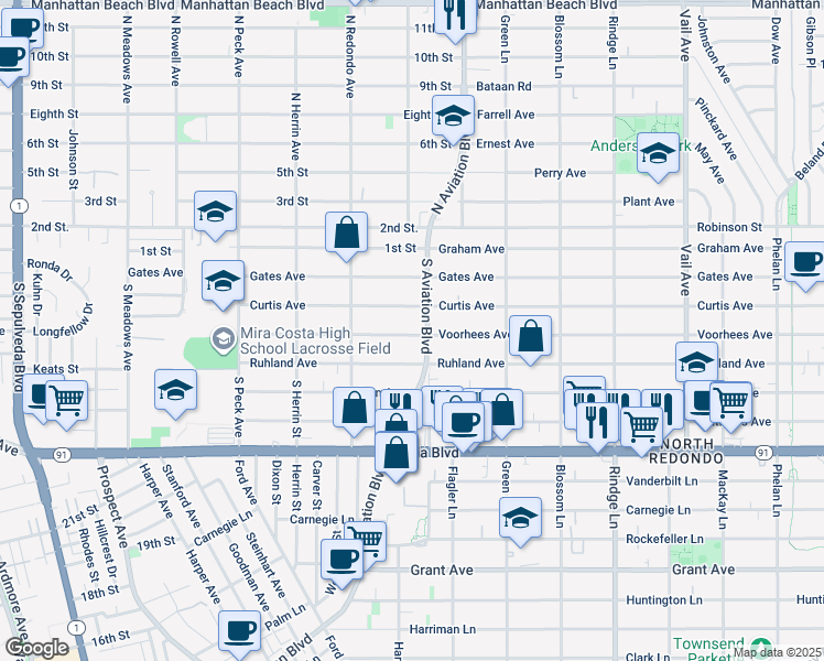 map of restaurants, bars, coffee shops, grocery stores, and more near 1769 Voorhees Avenue in Manhattan Beach