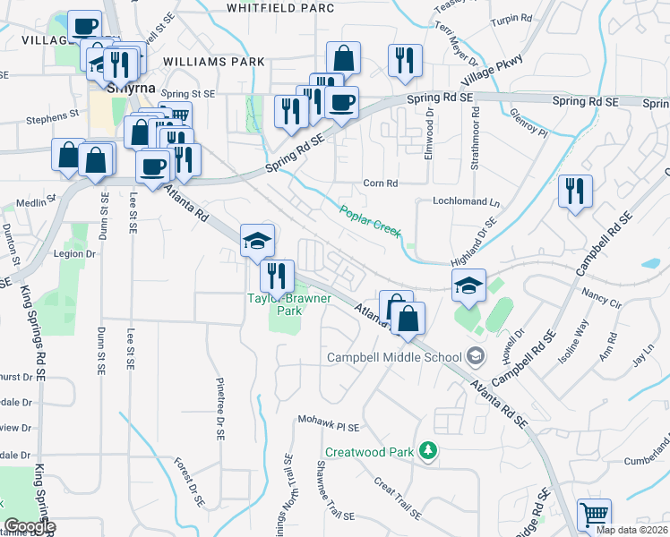 map of restaurants, bars, coffee shops, grocery stores, and more near 804 Vinings Forest Lane in Smyrna