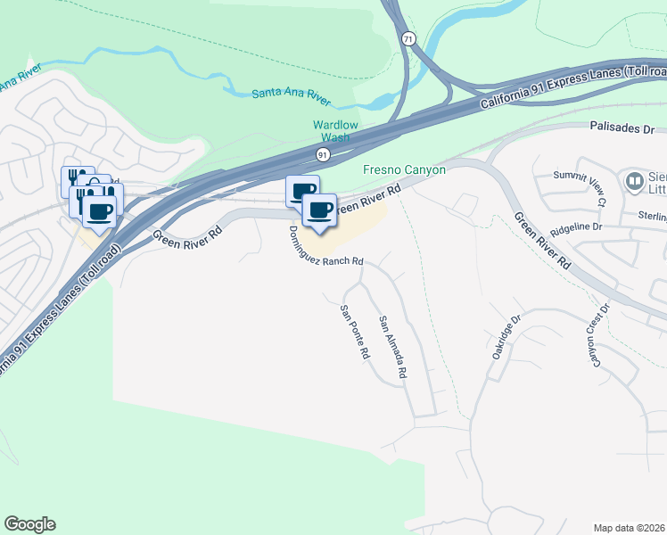 map of restaurants, bars, coffee shops, grocery stores, and more near 1220 Dominguez Ranch Road in Corona