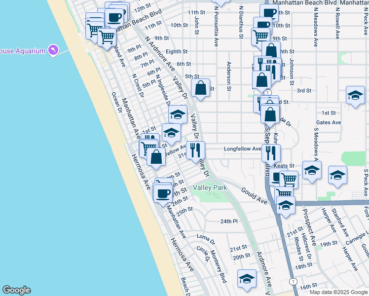 map of restaurants, bars, coffee shops, grocery stores, and more near 444 Longfellow Avenue in Hermosa Beach