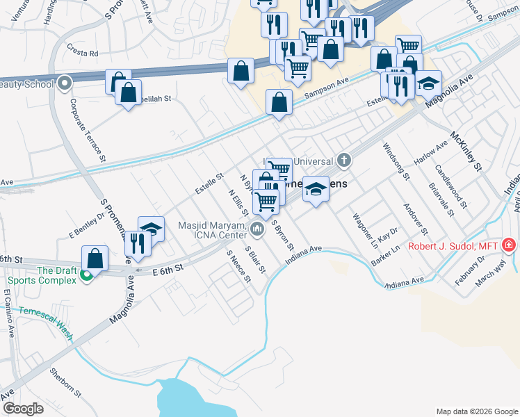 map of restaurants, bars, coffee shops, grocery stores, and more near 3846 Brotherton Street in Corona