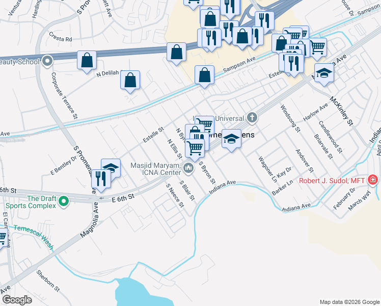 map of restaurants, bars, coffee shops, grocery stores, and more near 13653 Magnolia Avenue in Corona