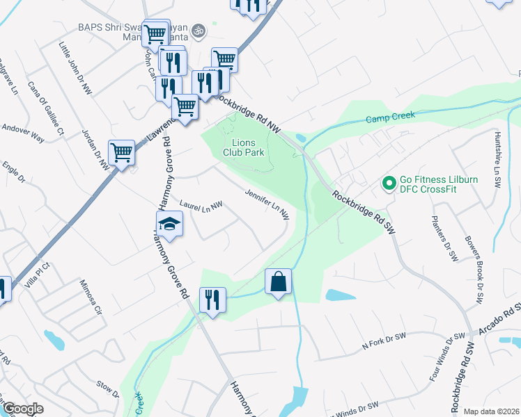 map of restaurants, bars, coffee shops, grocery stores, and more near 204 Andrea Circle Northwest in Lilburn