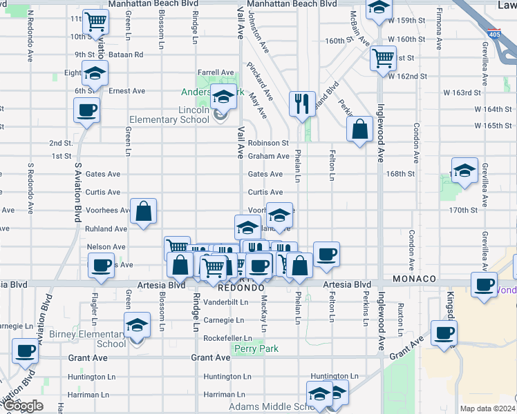 map of restaurants, bars, coffee shops, grocery stores, and more near 2313 Voorhees Avenue in Redondo Beach