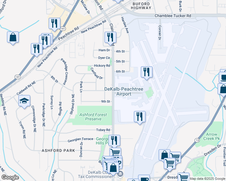 map of restaurants, bars, coffee shops, grocery stores, and more near 1968 8th Street in Chamblee