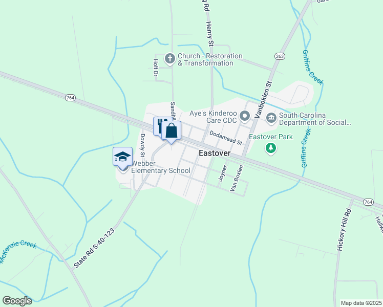 map of restaurants, bars, coffee shops, grocery stores, and more near 608 Main Street in Eastover