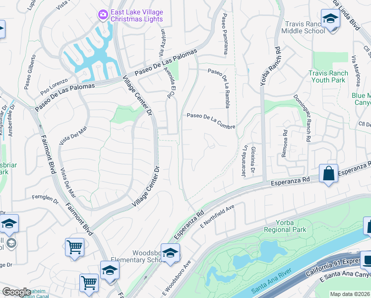 map of restaurants, bars, coffee shops, grocery stores, and more near 20633 Círculo Loma in Yorba Linda