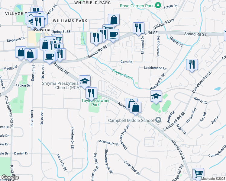 map of restaurants, bars, coffee shops, grocery stores, and more near 406 Vinings Forest Circle Southeast in Smyrna