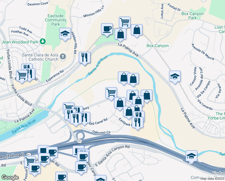map of restaurants, bars, coffee shops, grocery stores, and more near 22745 Savi Ranch Parkway in Yorba Linda