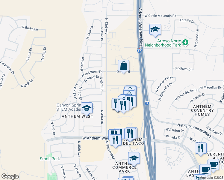 map of restaurants, bars, coffee shops, grocery stores, and more near 43275 North 43rd Drive in Phoenix