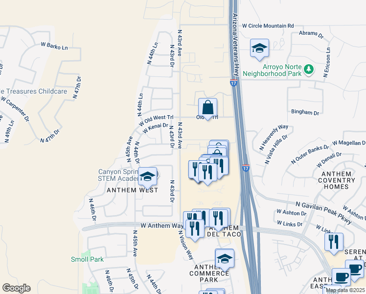 map of restaurants, bars, coffee shops, grocery stores, and more near 43275 North 43rd Drive in Phoenix
