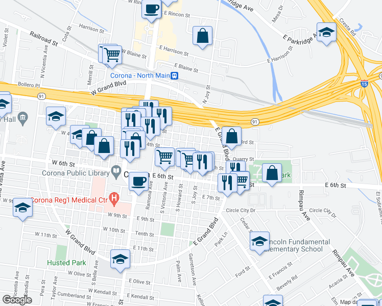 map of restaurants, bars, coffee shops, grocery stores, and more near 316 South Howard Street in Corona