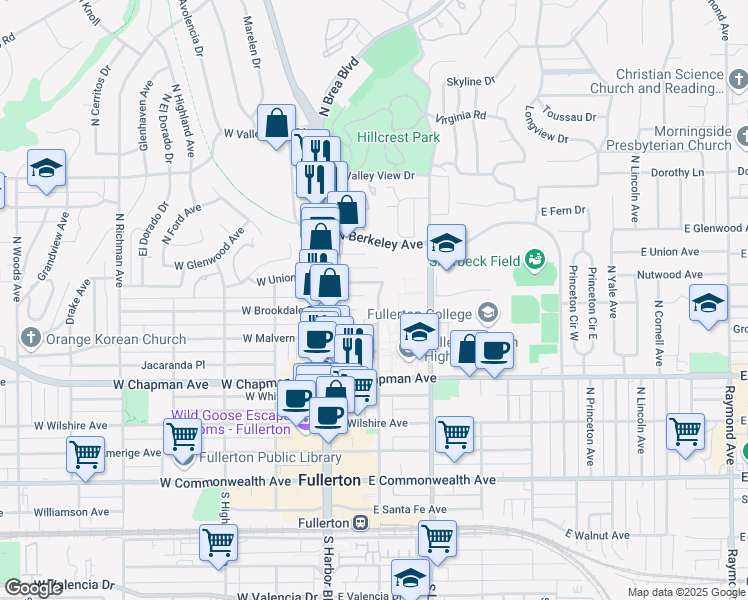 map of restaurants, bars, coffee shops, grocery stores, and more near 139 East Union Avenue in Fullerton