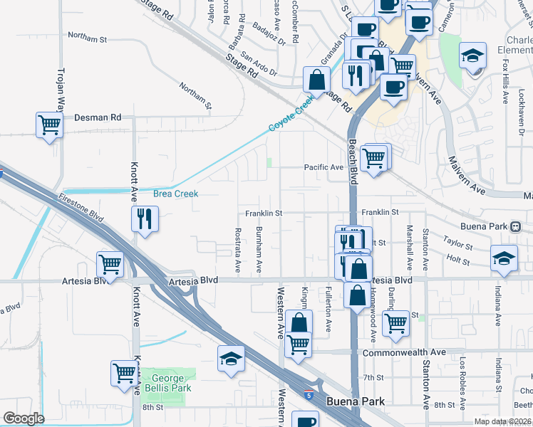 map of restaurants, bars, coffee shops, grocery stores, and more near 7421 Franklin Street in Buena Park