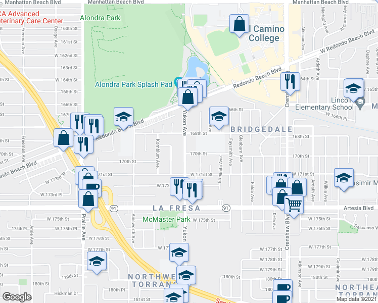 map of restaurants, bars, coffee shops, grocery stores, and more near 16816 Yukon Avenue in Torrance