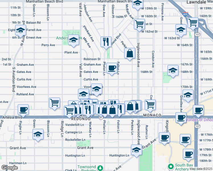 map of restaurants, bars, coffee shops, grocery stores, and more near 2422 Curtis Avenue in Redondo Beach