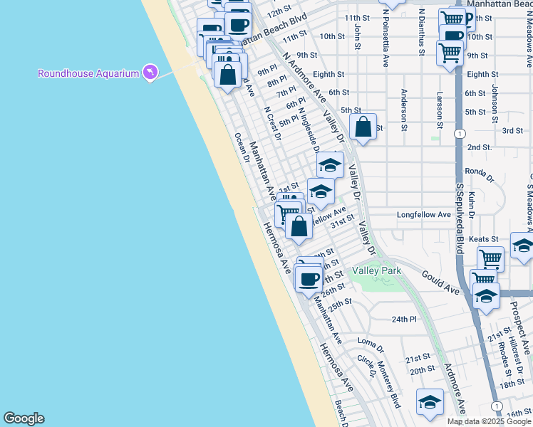 map of restaurants, bars, coffee shops, grocery stores, and more near 88 Manhattan Avenue in Manhattan Beach