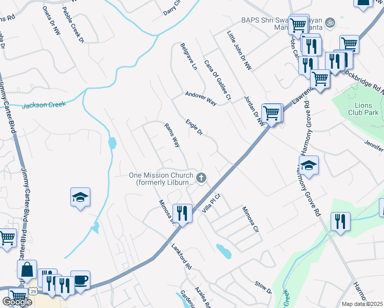 map of restaurants, bars, coffee shops, grocery stores, and more near 360 Parkview Manor Drive in Tucker