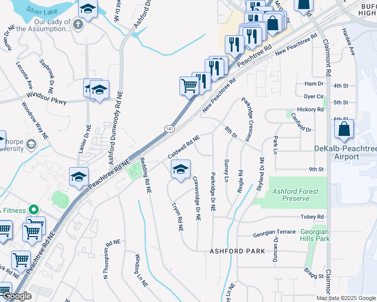 map of restaurants, bars, coffee shops, grocery stores, and more near 3170 Caldwell Road Northeast in Atlanta