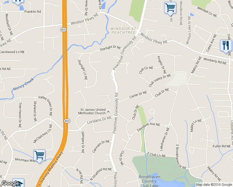 map of restaurants, bars, coffee shops, grocery stores, and more near 4490 Peachtree Dunwoody Road Northeast in Atlanta