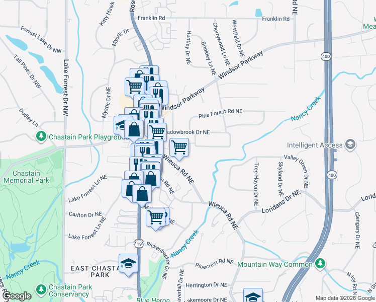 map of restaurants, bars, coffee shops, grocery stores, and more near 309 Valley Brook Way in Atlanta