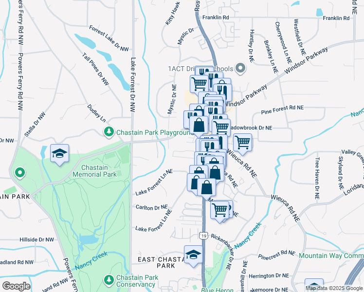 map of restaurants, bars, coffee shops, grocery stores, and more near 135 West Wieuca Road Northeast in Atlanta